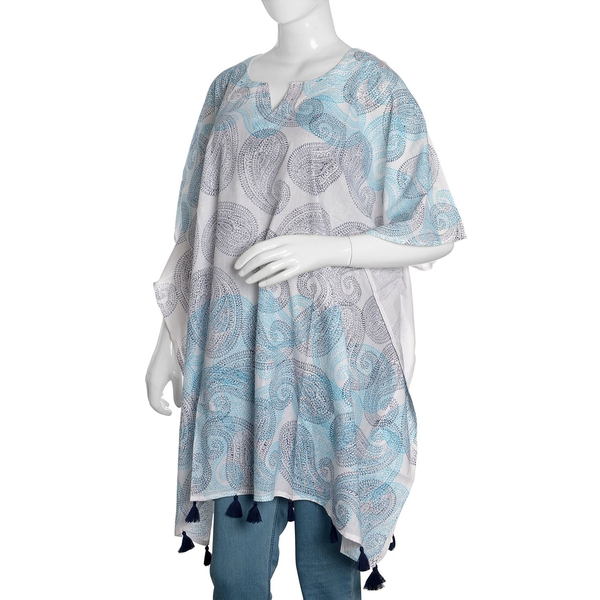 New Season-100% Cotton Blue, Grey and White Colour Hand Block Paisley Printed Kaftan with Tassels (Free Size)