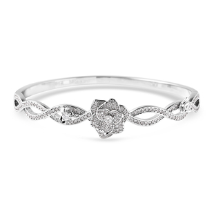 Simulated Diamond Floral Bangle (Size 7) in Silver Tone