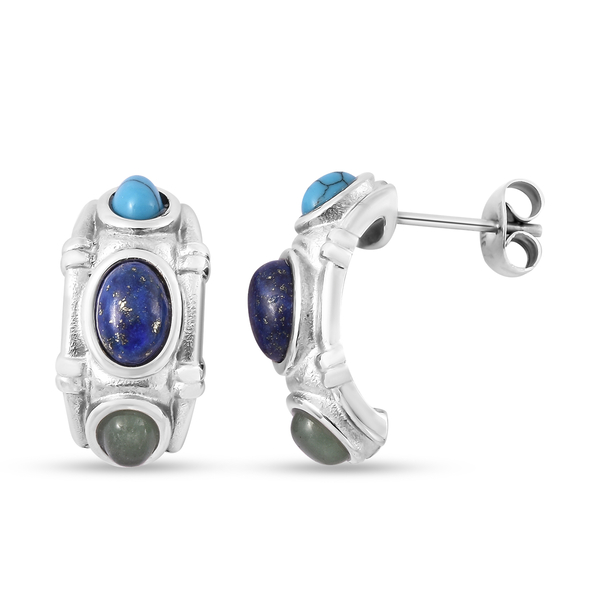 Lapis Lazuli, Green Aventurine and Blue Howlite Earrings (With Push Back) in Stainless Steel 2.90 Ct.