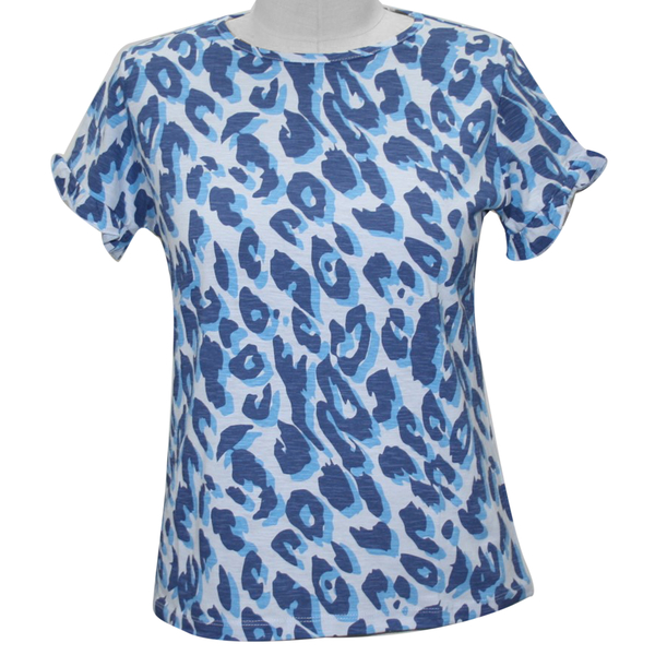 SUGARCRISP 100% Cotton Leopard Print Short Sleeve Top Blue