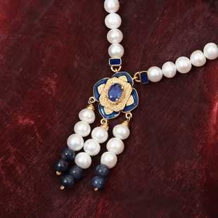 Freshwater Pearl and Masoala Sapphire (FF) Enamelled Necklace (Size 18 with 2 inch Extender) in 14K Gold Overlay Sterling Silver