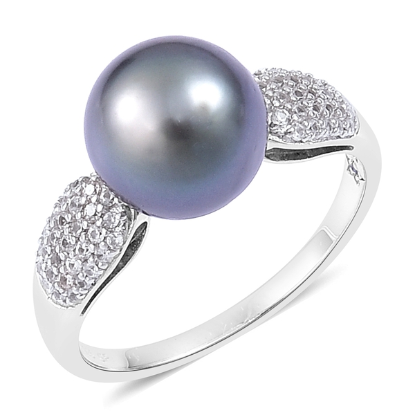 GP Tahitian Pearl (Rnd 10-11mm), Madagascar Blue Sapphire and Natural White Cambodian Zircon Ring in
