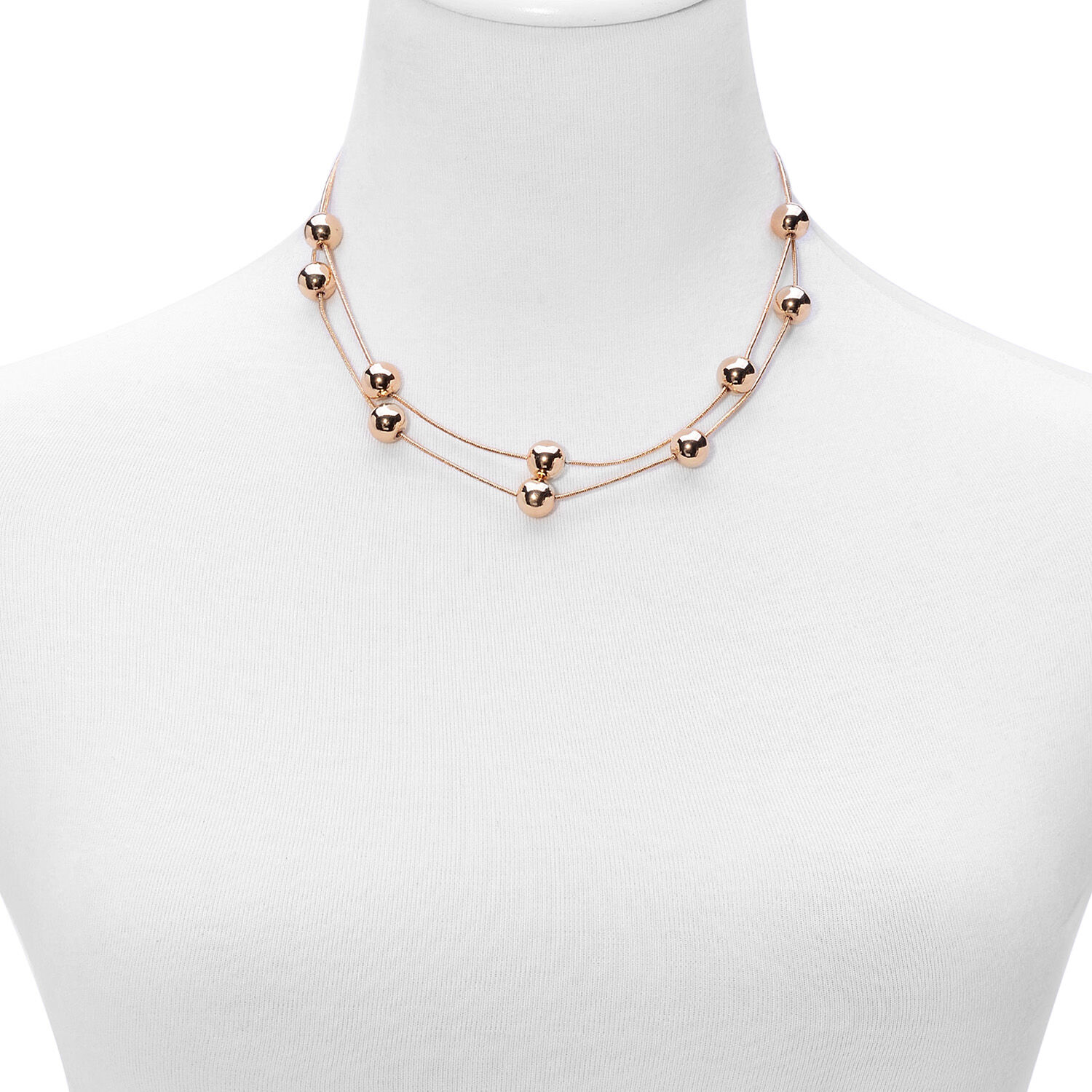 Two Strands Beads Station Necklace (Size 20) in Gold Tone