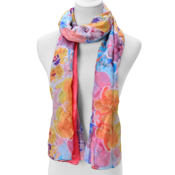 100% Mulberry Silk Blue, Pink and Multi Colour Floral Pattern Scarf (Size 180x110 Cm)
