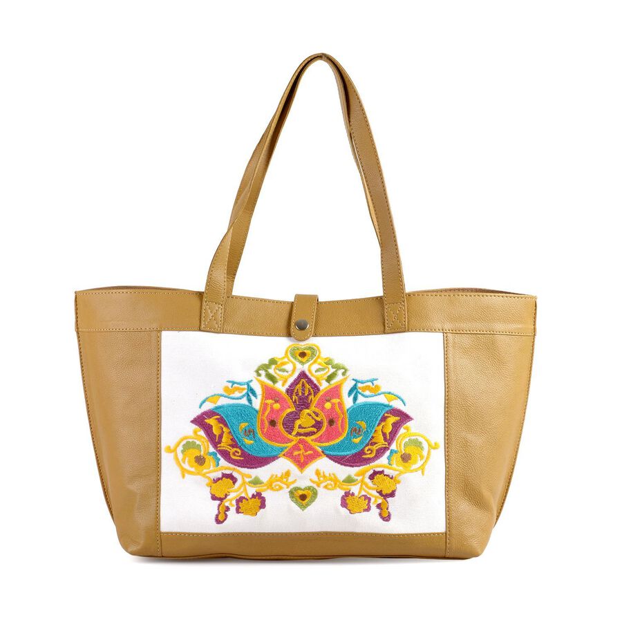 Melanney Genuine Leather Lotus Embroidered Off White and Tan Colour ...
