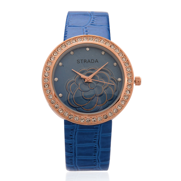 STRADA Japanese Movement Blue Dial White Austrian Crystal Water Resistant Watch in Rose Gold Tone wi