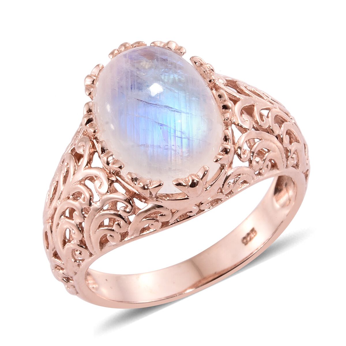 Sri Lankan Rainbow Moonstone (Ovl) Solitaire Ring in Rose Gold Overlay Sterling Silver 6.000 Ct.