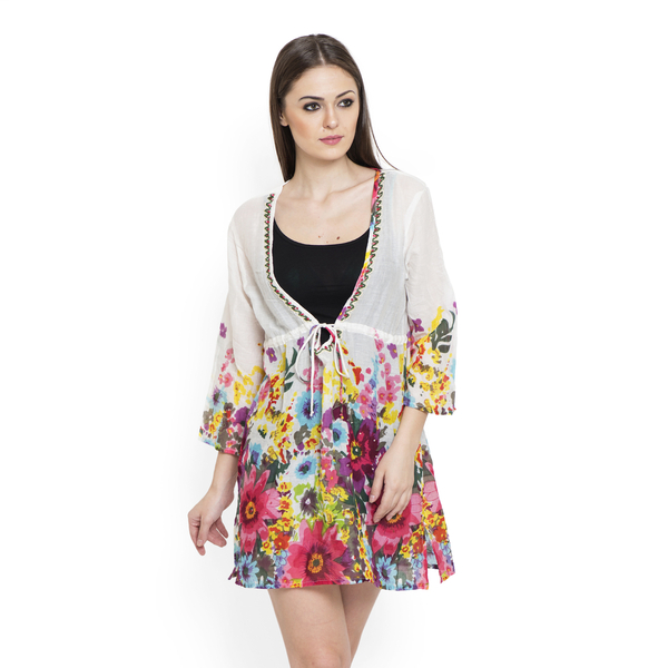 100% Cotton Fuchsia and Multi Colour Flowers Embroidered White Colour Beach Cover up and Poncho (Siz