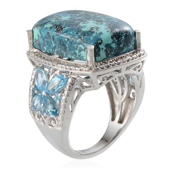 Table Mountain Shadowkite (Cush 16.75 Ct), Electric Swiss Blue Topaz and Diamond Ring in Platinum Overlay Sterling Silver 18.750 Ct.