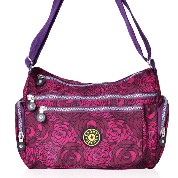 Fuchsia and Purple Colour Floral Pattern Multi Pocket Waterproof Crossbody Bag with Adjustable Shoul