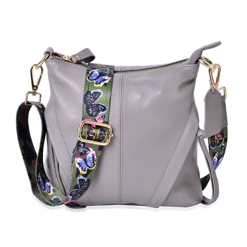 100% Genuine Leather Grey Colour Crossbody Bag with Butterfly Pattern Removable Shoulder Strap ...