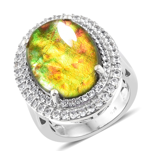 7.75 Ct AA Canadian Ammolite and Cambodian Zircon Halo Ring in Sterling Silver 6.8 Grams