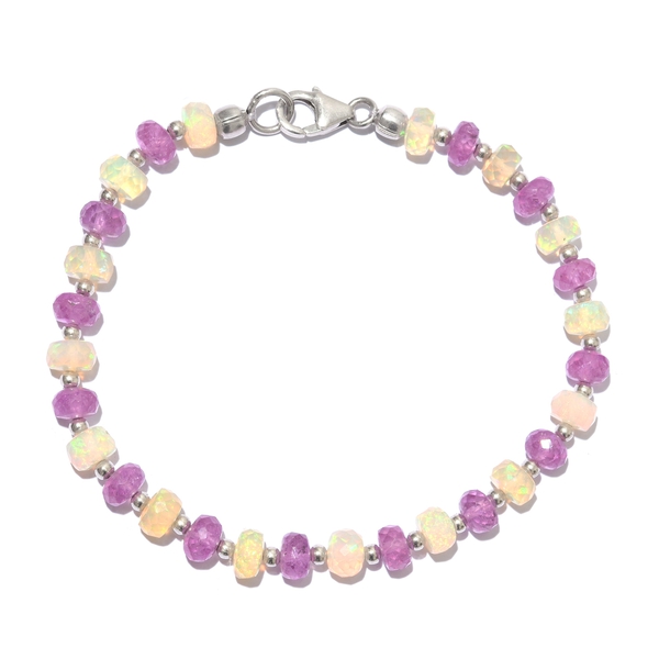 Hot Pink Sapphire (Rnd), Ethiopian Welo Opal Beads Bracelet (Size 7.5) in Sterling Silver 21.600 Ct.