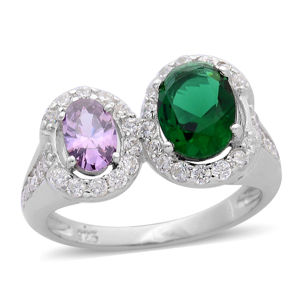 AAA Simulated Amethyst, Simulated Emerald and Simulated White Diamond Ring in Rhodium Plated Sterlin