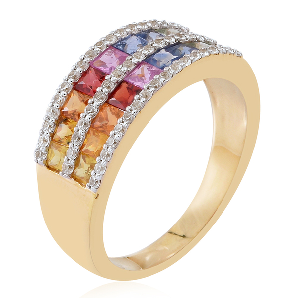 9K Y Gold AAA Rainbow Sapphire (Princess Cut), Natural Cambodian Zircon Ring 3.500 Ct. Gold Wt. 5.00 Gms.