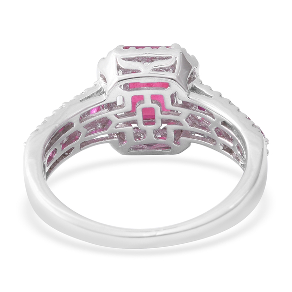African Ruby (Oct 2.38 Ct), Natural White Cambodian Zircon and Ruby Ring in Rhodium Overlay Sterling Silver 4.050 Ct.