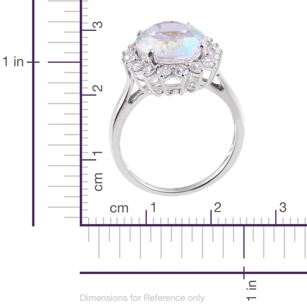 Limited Edition - Rare Size AAA Mercury Mystic Topaz (Ovl 8.20 Ct), Natural White Cambodian Zircon Ring in Platinum Overlay Sterling Silver 9.750 Ct.