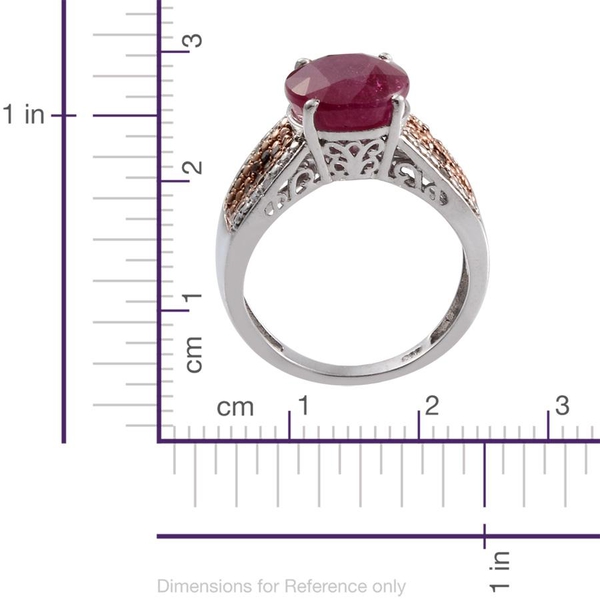 African Ruby (Ovl 6.25 Ct), Champagne and White Diamond Ring in Platinum Overlay Sterling Silver 6.400 Ct.