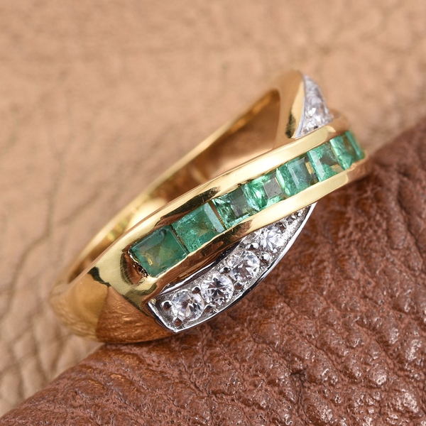 Kagem Zambian Emerald (Sqr), Natural Cambodian Zircon Criss Cross Ring in 14K Gold Overlay Sterling Silver 1.250 Ct.
