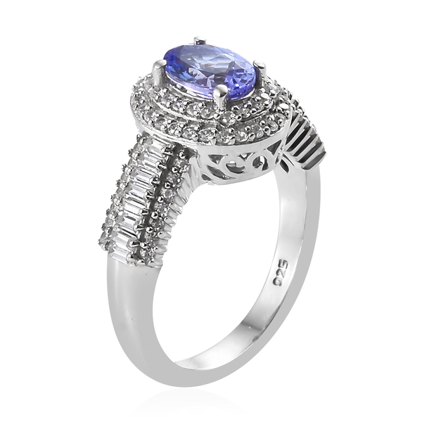 Designer Inspired- Tanzanite (Ovl 7x5mm) and Natural Cambodian Zircon Ring in Platinum Overlay Sterling Silver 2.350 Ct.