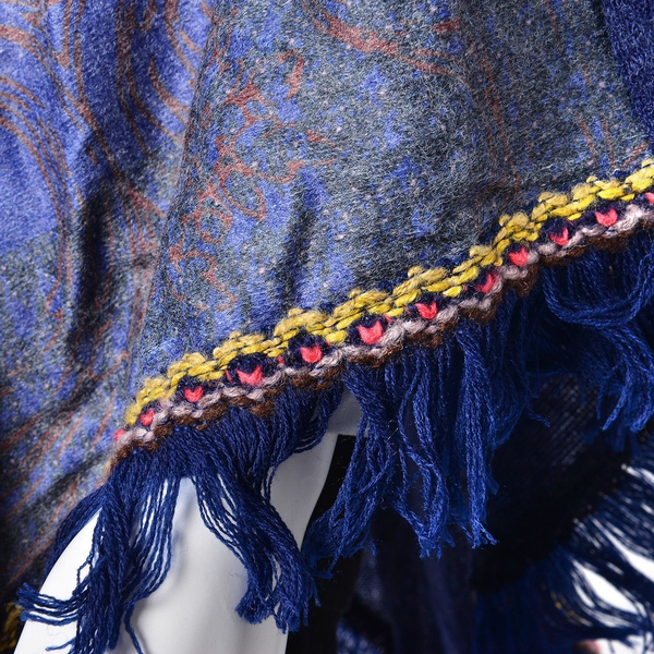 Close Out Deal- Designer Inspired-Blue, Red and Multi Colour Floral Pattern Turtle Neck Poncho with Tassels (Free Size)