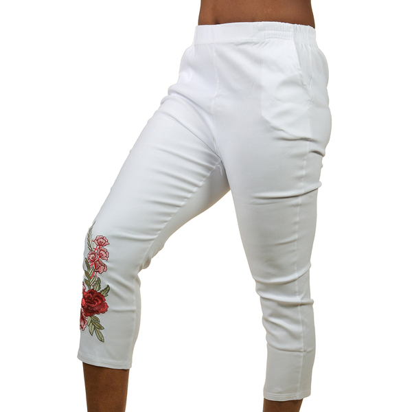 Pure and Natural Fully Elasticated Waist Trousers with Flower in White
