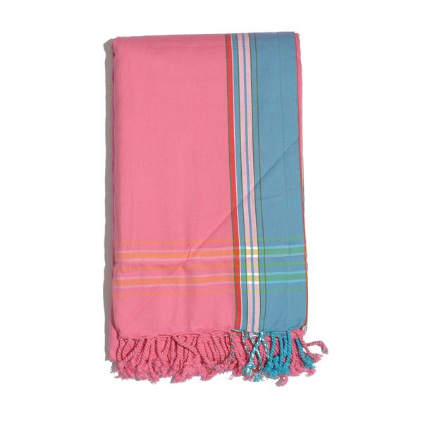 100% Cotton (Front) and 100% Polyester (Back) Pink with Blue Border Kikoy Beach Towel (Size 160x90 C