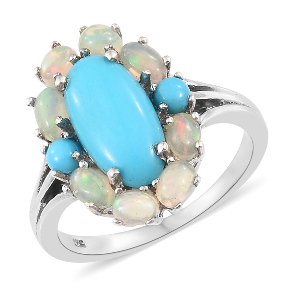 4 Ct Sleeping Beauty Turquoise and Ethiopian Welo Opal Halo Ring in Platinum Plated Silver