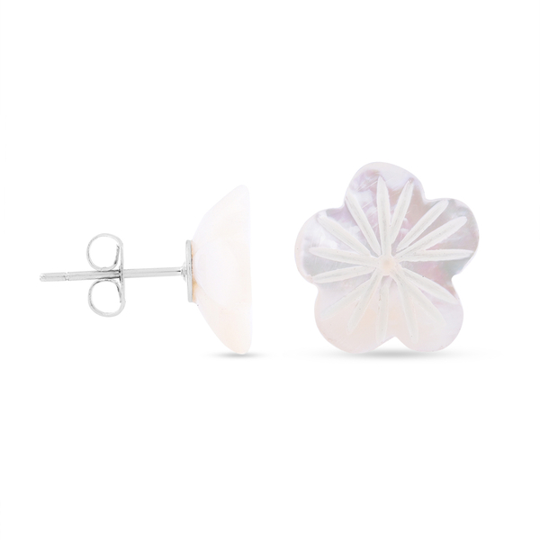 White Shell Pearl Floral Stud Earrings (with Push Back) in Silver Tone