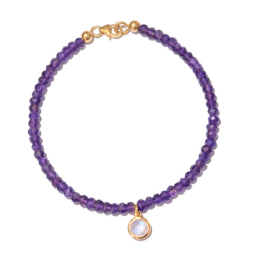 Amethyst (Rnd), Rainbow Moonstone Bracelet (Size 7.5) with Circle Charm in Yellow Gold Overlay ...