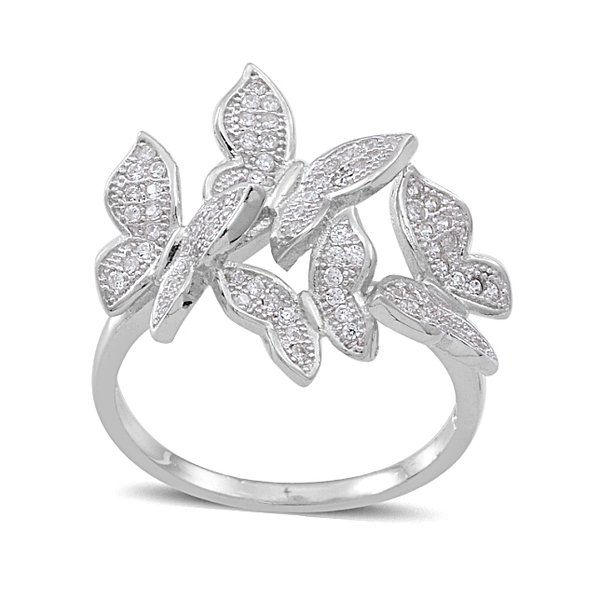 ELANZA AAA Simulated White Diamond (Rnd) Butterfly Ring in Rhodium Plated Sterling Silver