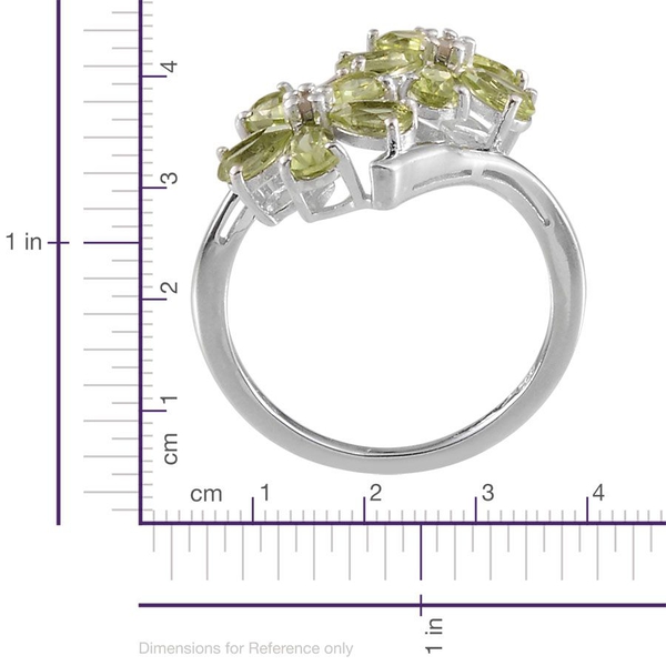 Hebei Peridot (Pear), Diamond Twin Floral Ring in Platinum Overlay Sterling Silver 2.030 Ct.