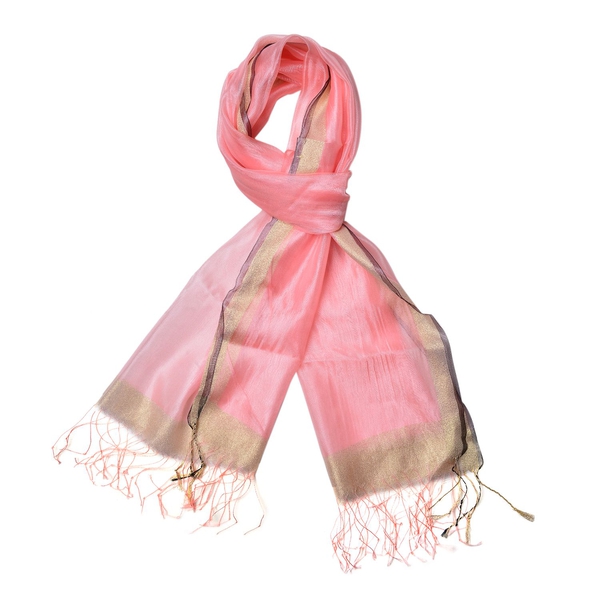 Pink Colour Scarf with Golden Strings and Fringes at the Bottom (Size 180x65 Cm)