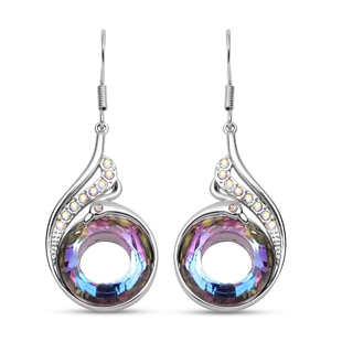 Simulated Mystic Topaz, White & Grey Austrian Crystal Fish Hook Earrings in Silver Tone