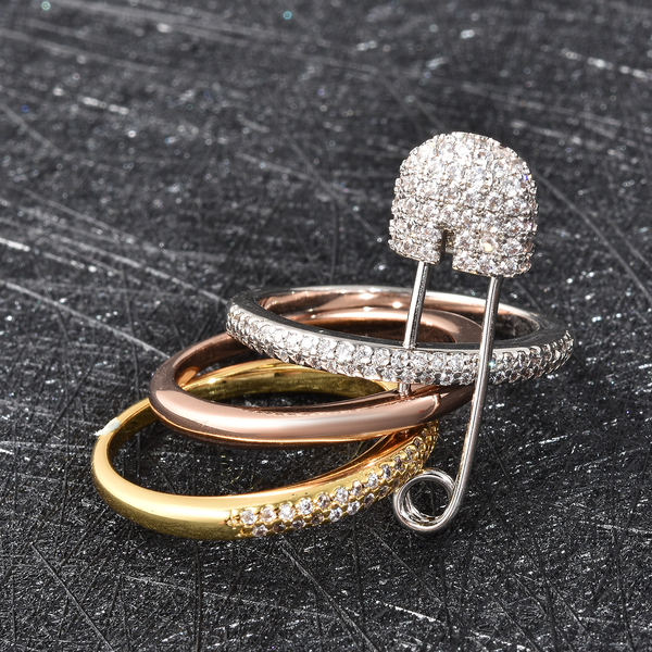 Set of 3 - Simulated Diamond Ring with Pin Hook in Tricolour Tone