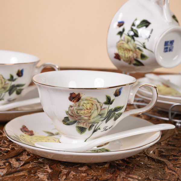 Set of 14 - Rose Pattern Tea Set with Storage Rack - White & Pale Yellow