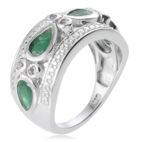Kagem Zambian Emerald (Pear), White Topaz Ring in Platinum Overlay Sterling Silver 1.650 Ct.