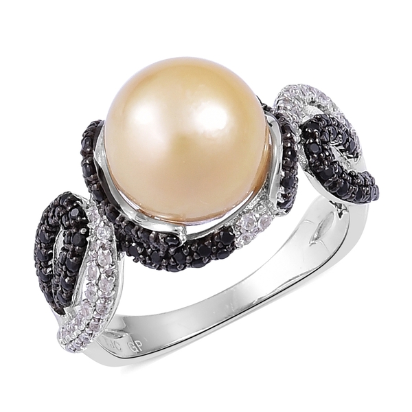 GP South Sea Golden Pearl and Multi Gemstone Classic Ring in Black Rhodium Plated Silver