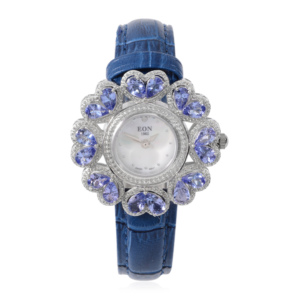 EON 1962 Swiss Movement Tanzanite and Diamond Water Resistant Watch with White Mother of Pearl Dial 