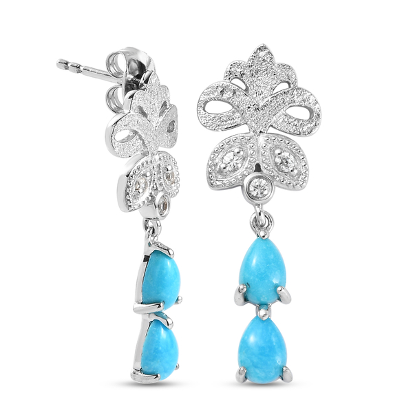 Arizona Sleeping Beauty Turquoise and Natural Cambodian Zircon Dangling Earrings (with Push Back) in Platinum Overlay Sterling Silver 2.18 Ct.