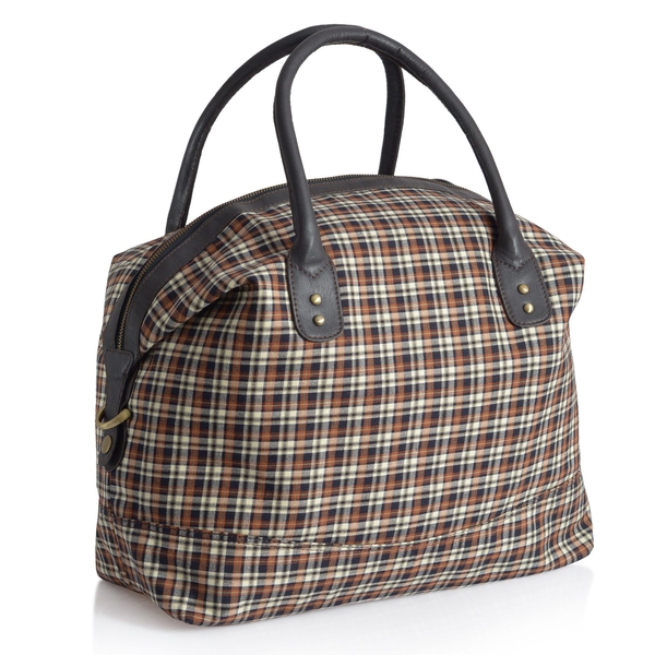 Genuine Leather Woolen Blend Chocolate, White and Multi Colour Checks Weekend Bag  (Size 53x32x25 inch)