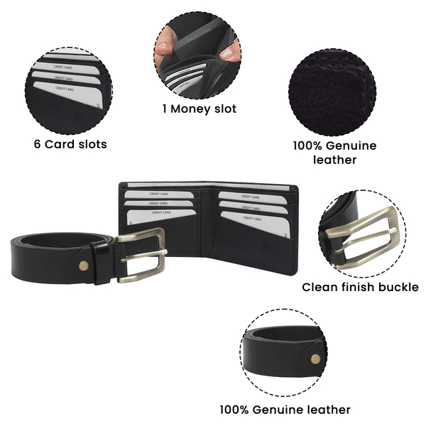 2 Piece Set - ASSOTS LONDON Mens 100% Genuine Leather Belt and RFID Wallet (Size- L, 34-38inch) - Black