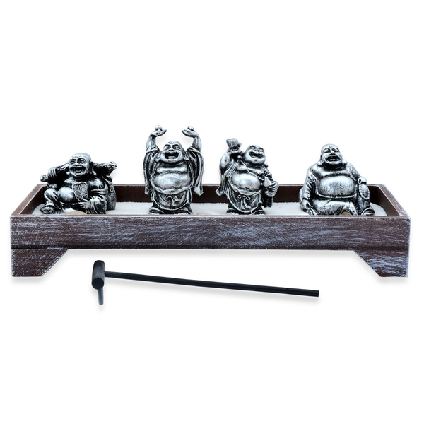 Home Decor - Silver Colour Resin Four Laughing Buddha with Sand and Stones in Rectangle Shape Base with Wodden Zen Rake