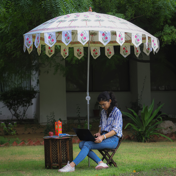 100% Cotton Canvas Hand Block Floral Printed Ethnic Parasols (Size 243x200cm, Dia 212cm) - Off White, Pink & Green