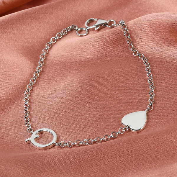 Personalised Single Alphabet + Heart, Name Bracelet in Silver, Size - 7.5 Inch