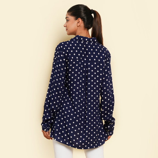 TAMSY 100% Viscose Polka Dot Pattern Long Sleeve Shirt (Size M, 12-14) - Blue & White
