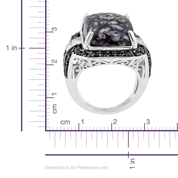 Austrian Pinolith (Oct 20.40 Ct), Boi Ploi Black Spinel and White Topaz Ring in Platinum Overlay Sterling Silver 24.500 Ct.