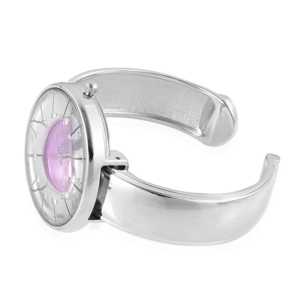 STRADA Japanese Movement White Austrian Crystal Studded Purple and Silver Dial Water Resistant Bangle Watch in Silver Tone with Stainless Steel Back