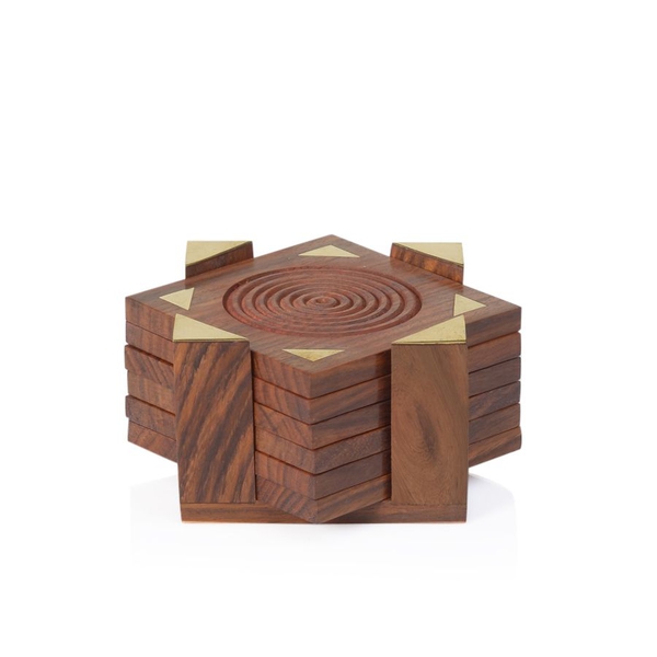 Brass Inlay Indian Rosewood Carved Square Shape 6 Pcs Coaster with Holder