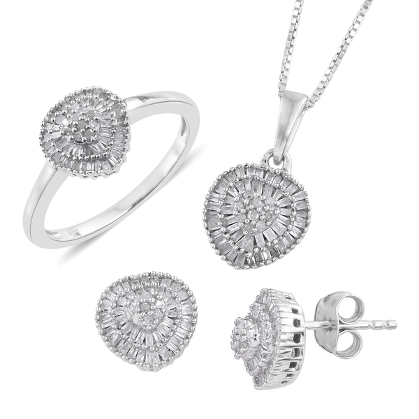 Black Friday Super Auction-Diamond Ring, Earring and Pendant with Chain (Size 20) in Platinum Overla